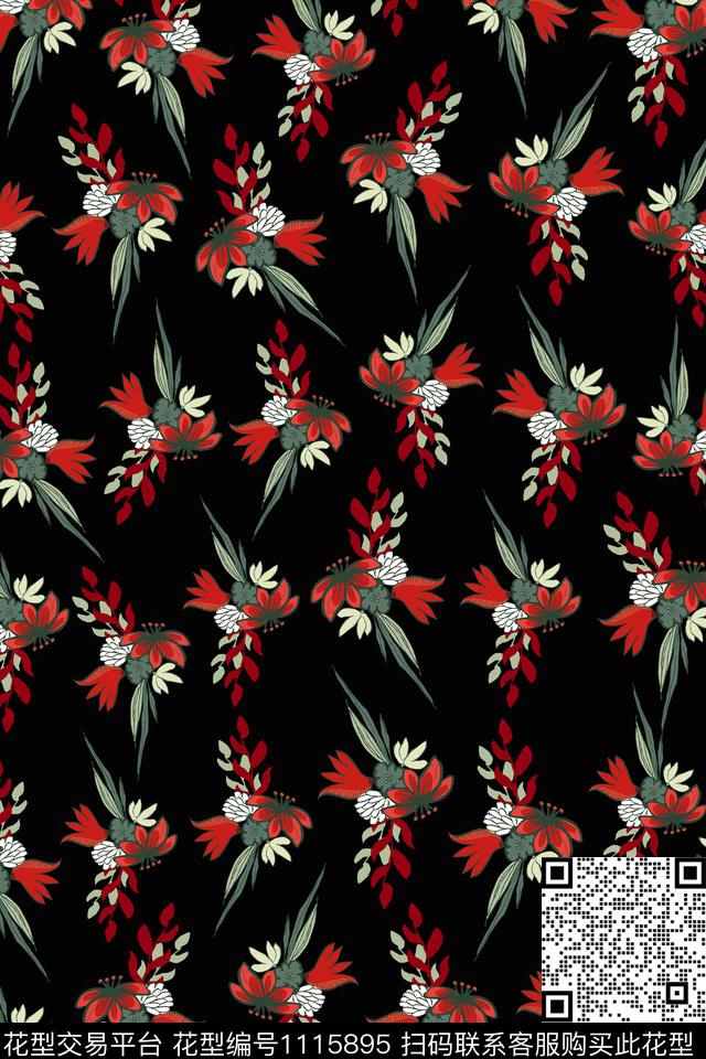 数码华亿平台民族风黑底花卉数码印花华亿平台下载（图片编号: 1115895） - 瓦栏（Walan）