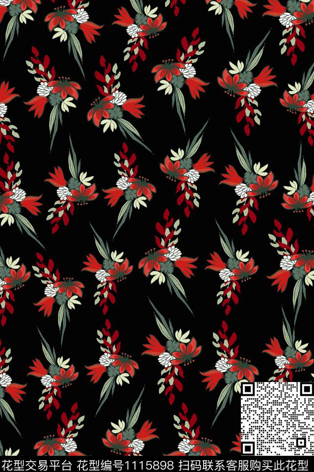数码华亿平台民族风黑底花卉数码印花华亿平台下载（图片编号: 1115898） - 瓦栏（Walan）
