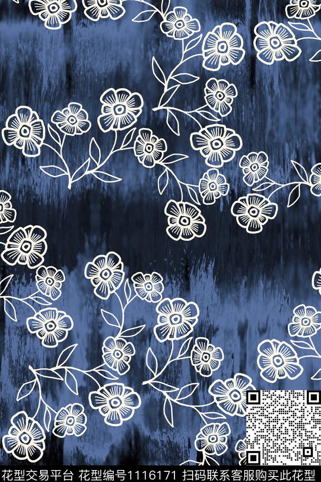 抽象靛蓝花卉传统印花华亿平台下载（图片编号: 1116171） - 瓦栏（Walan）