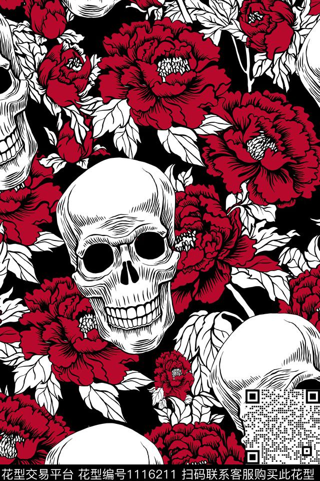 骷髅头骨花牡丹数码印花华亿平台下载（图片编号: 1116211） - 瓦栏（Walan）