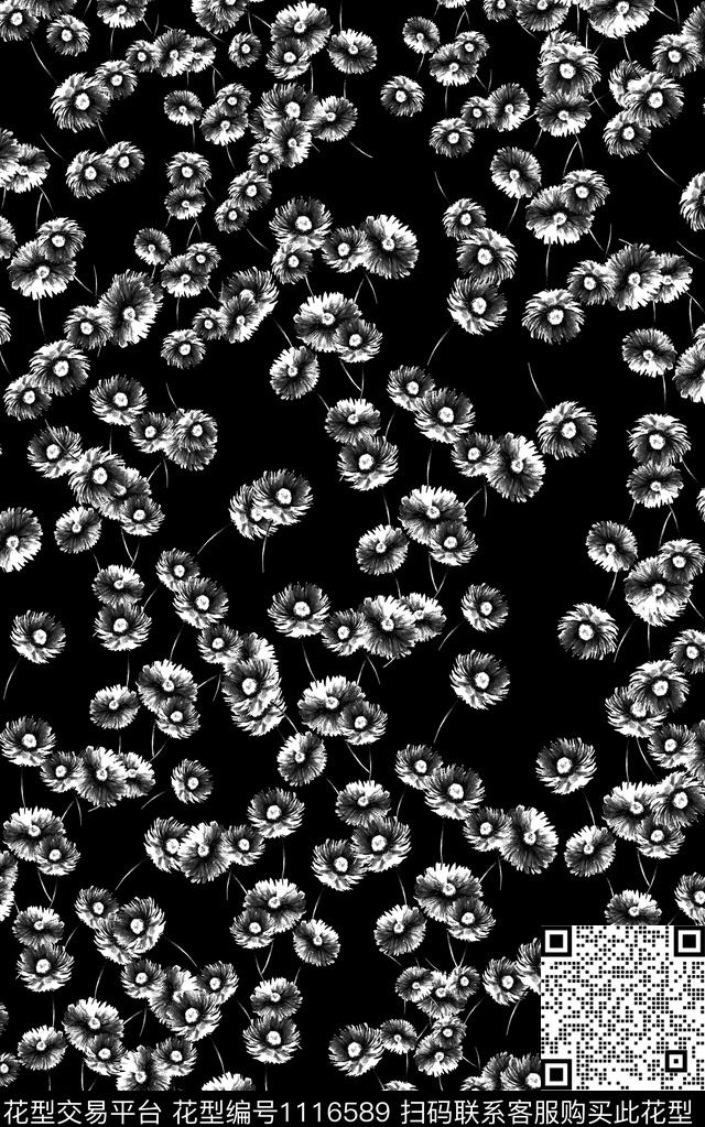 花卉小碎花黑白华亿平台数码印花华亿平台下载（图片编号: 1116589） - 瓦栏（Walan）