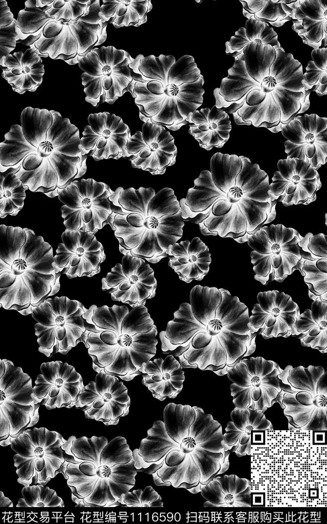 花卉小碎花黑白华亿平台数码印花华亿平台下载（图片编号: 1116590） - 瓦栏（Walan）