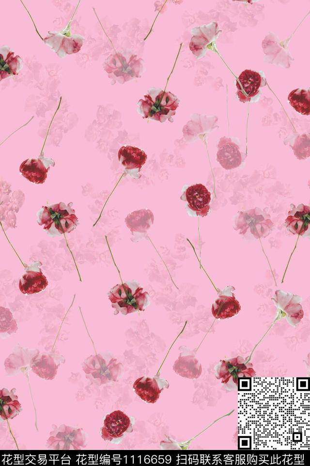 手绘玫瑰小碎花定位花数码印花华亿平台下载（图片编号: 1116659） - 瓦栏（Walan）
