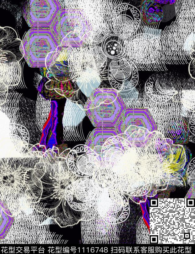 线条混合拼接创意数码印花华亿平台下载（图片编号: 1116748） - 瓦栏（Walan）