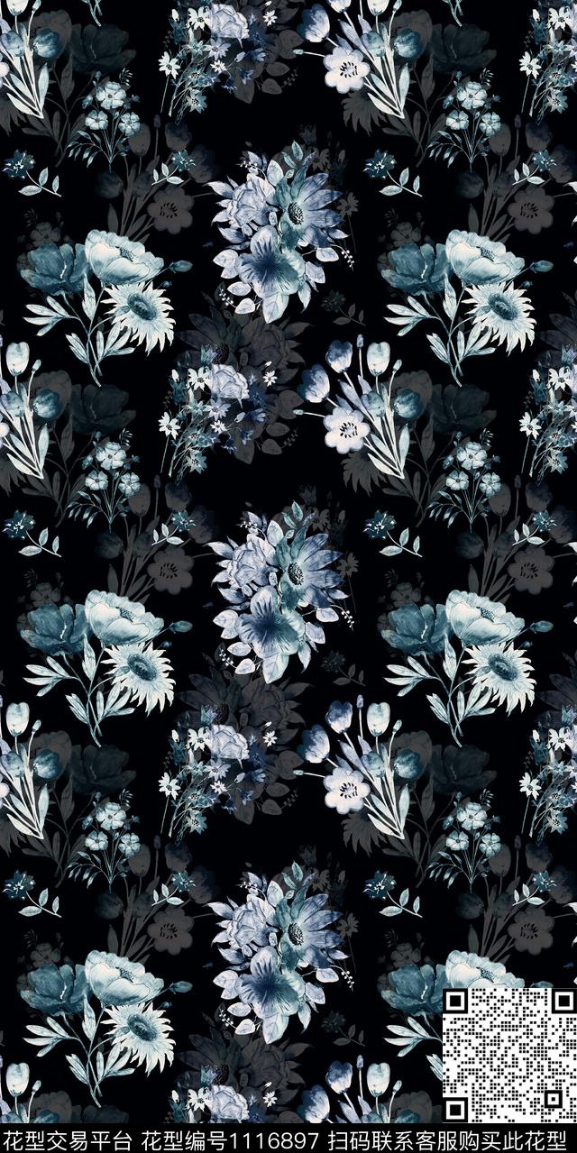 数码华亿平台黑底花卉花卉数码印花华亿平台下载（图片编号: 1116897） - 瓦栏（Walan）