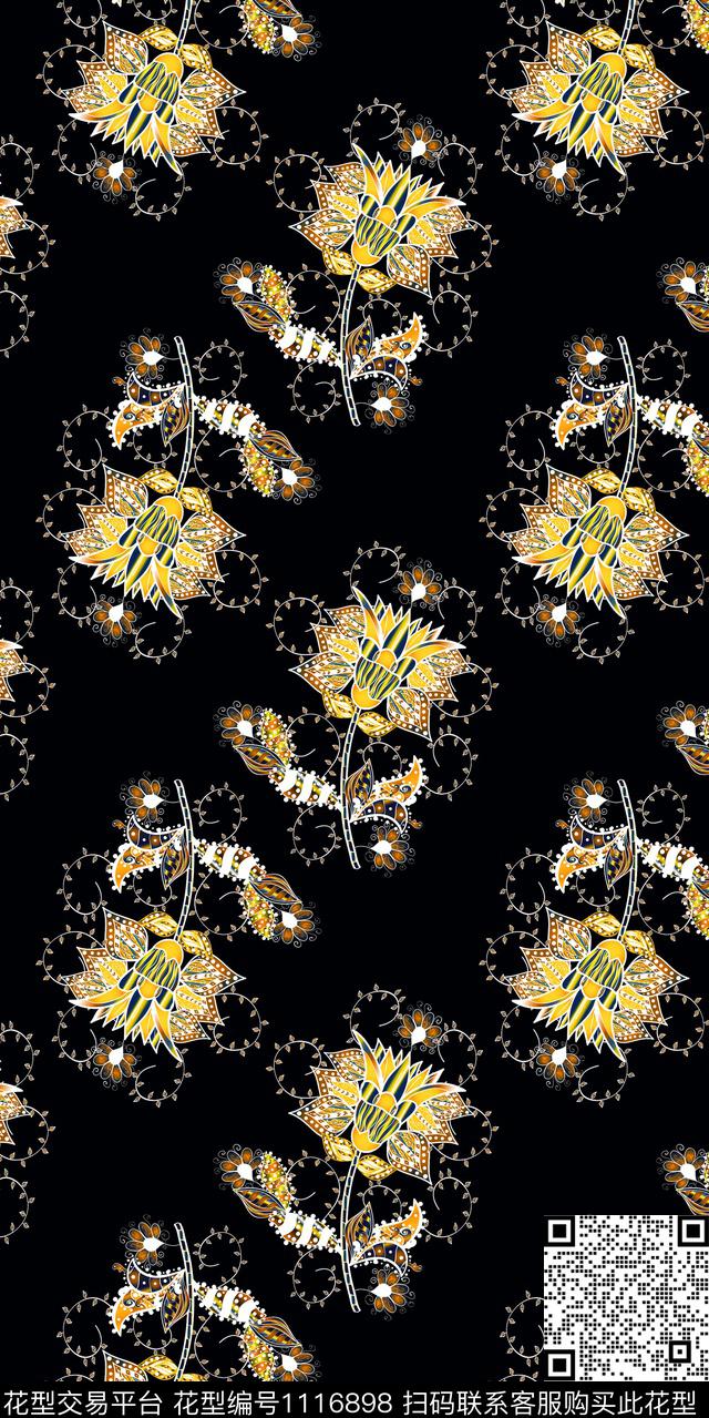 数码华亿平台黑底花卉花卉数码印花华亿平台下载（图片编号: 1116898） - 瓦栏（Walan）
