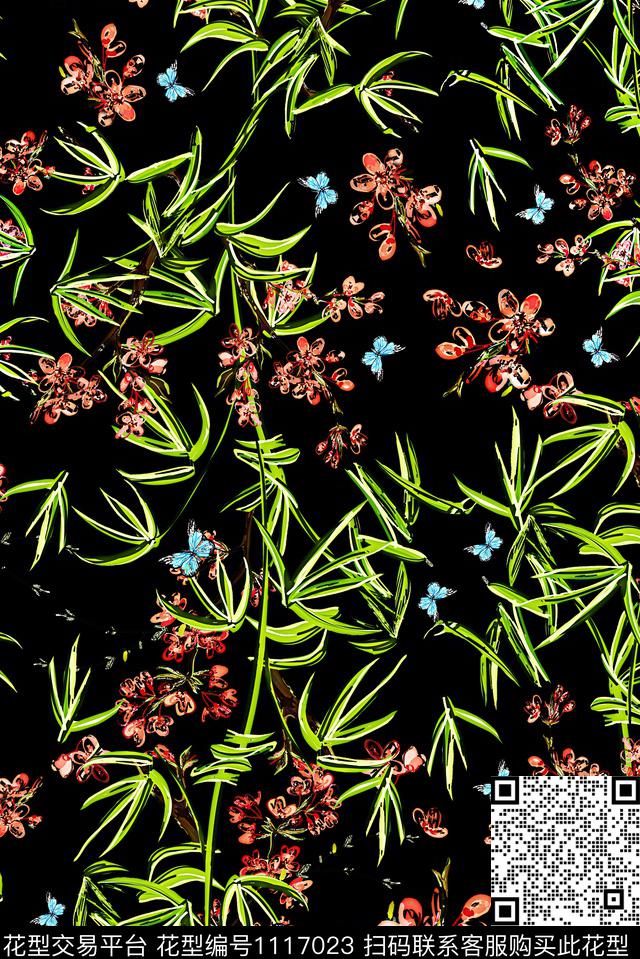 女装绿植树叶蝴蝶数码印花华亿平台下载（图片编号: 1117023） - 瓦栏（Walan）