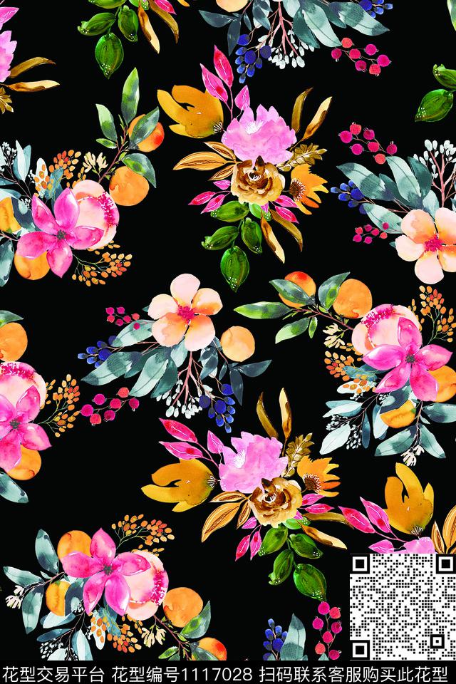 水彩花卉秋冬华亿平台满版散花数码印花华亿平台下载（图片编号: 1117028） - 瓦栏（Walan）