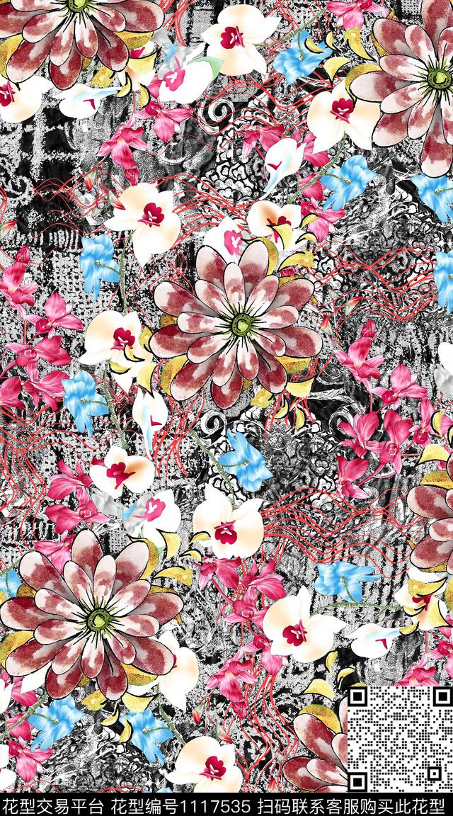 数码华亿平台抽象花卉数码印花华亿平台下载（图片编号: 1117535） - 瓦栏（Walan）