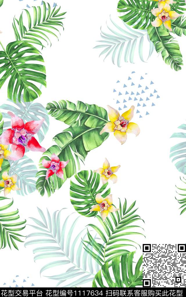 几何花卉热带华亿平台数码印花华亿平台下载（图片编号: 1117634） - 瓦栏（Walan）