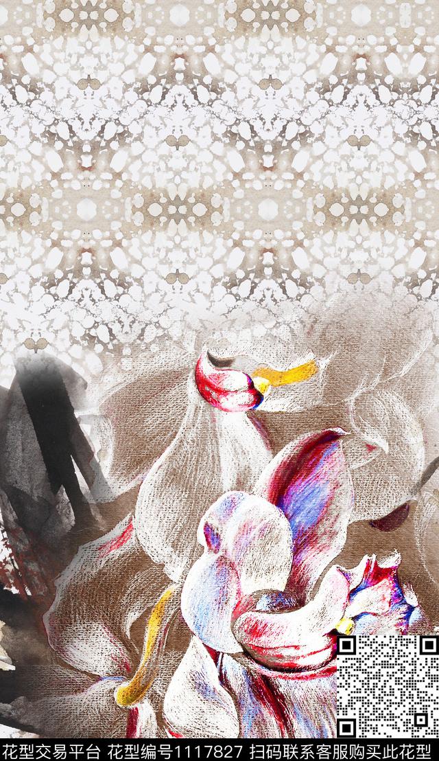 抽象花卉手绘花卉数码印花华亿平台下载（图片编号: 1117827） - 瓦栏（Walan）