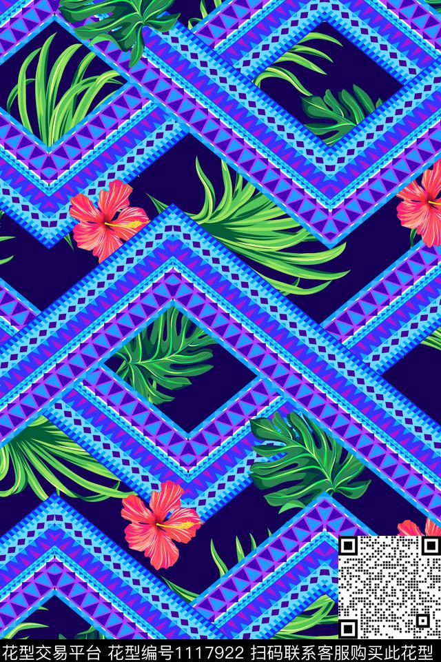 几何热带部落芙蓉花数码印花华亿平台下载（图片编号: 1117922） - 瓦栏（Walan）