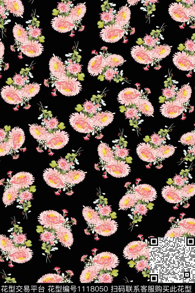 数码华亿平台民族风黑底花卉数码印花华亿平台下载（图片编号: 1118050） - 瓦栏（Walan）