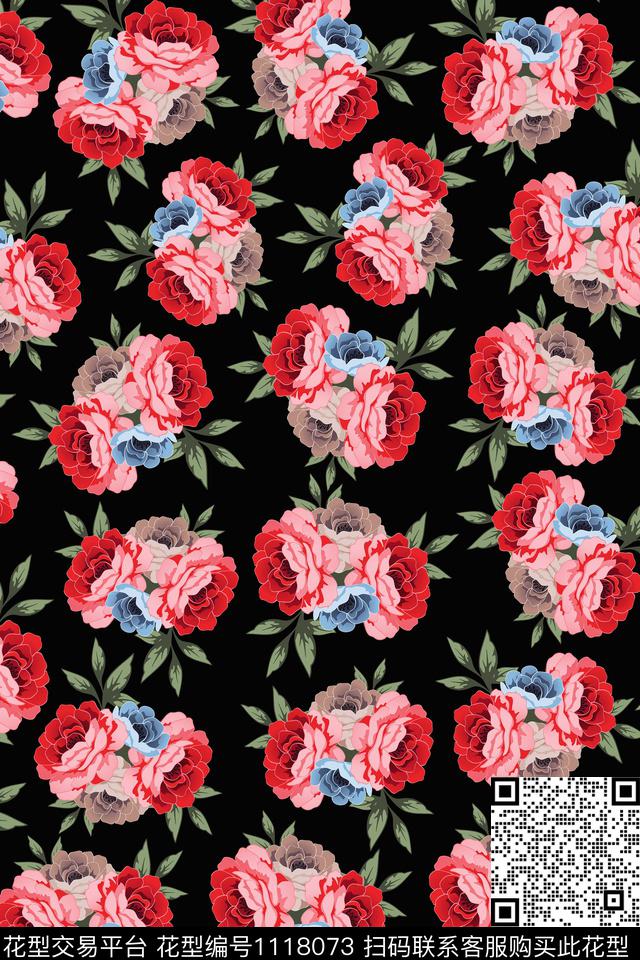 数码华亿平台民族风黑底花卉数码印花华亿平台下载（图片编号: 1118073） - 瓦栏（Walan）