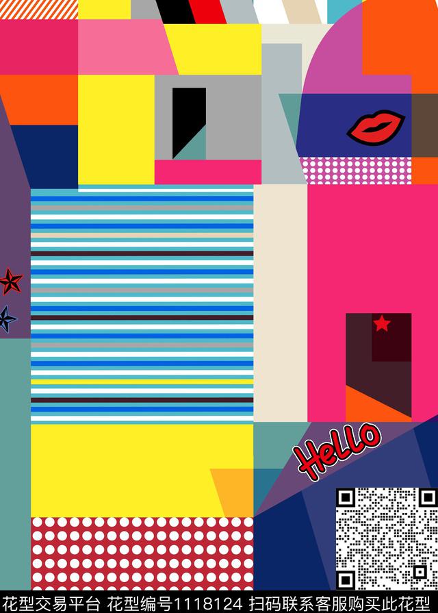 手绘涂鸦几何数码印花华亿平台下载（图片编号: 1118124） - 瓦栏（Walan）