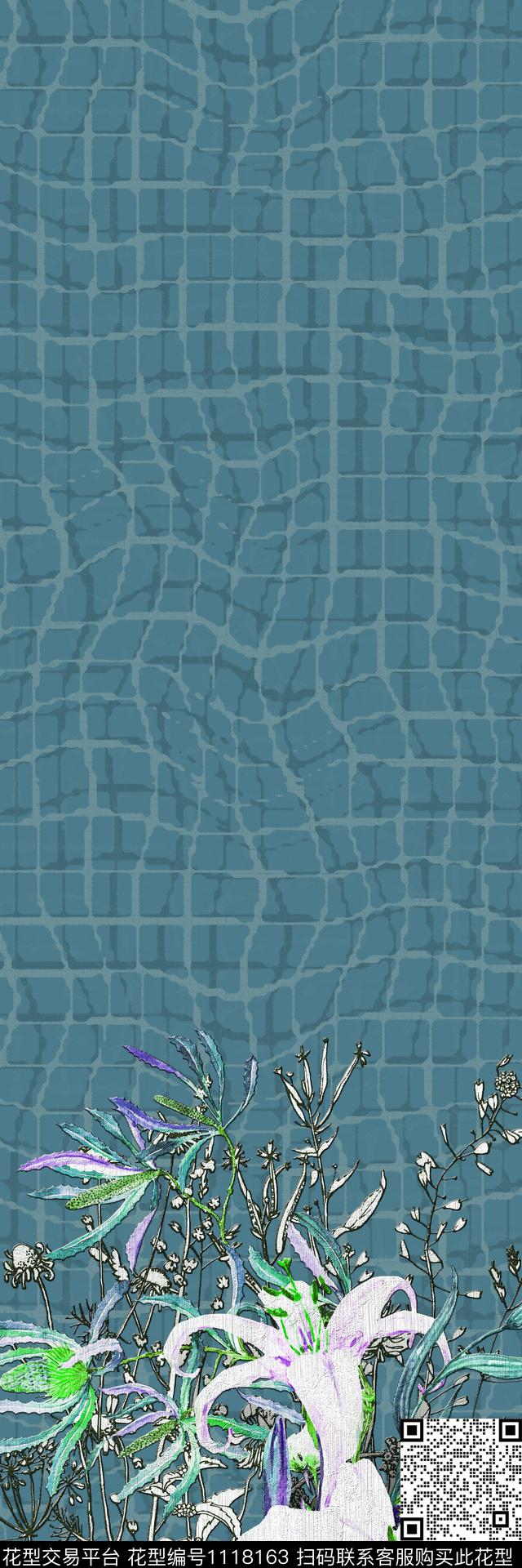 荷花背景纹二方数码印花华亿平台下载（图片编号: 1118163） - 瓦栏（Walan）