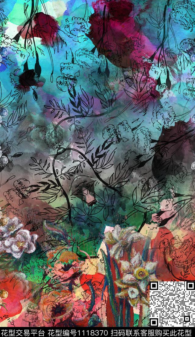 民族风手绘花卉数码印花华亿平台下载（图片编号: 1118370） - 瓦栏（Walan）