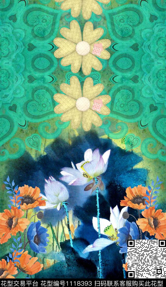 民族风手绘花卉数码印花华亿平台下载（图片编号: 1118393） - 瓦栏（Walan）