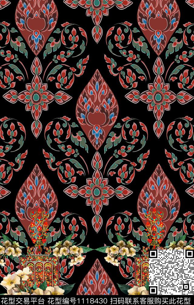 民族风手绘花卉数码印花华亿平台下载（图片编号: 1118430） - 瓦栏（Walan）