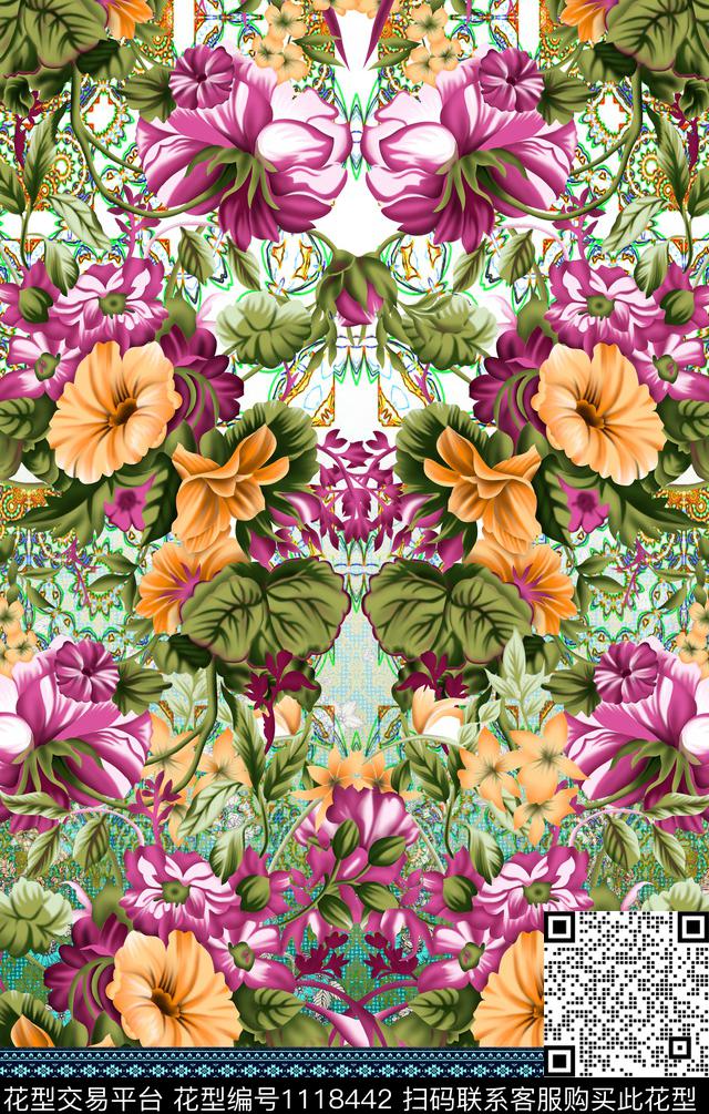 民族风手绘花卉数码印花华亿平台下载（图片编号: 1118442） - 瓦栏（Walan）
