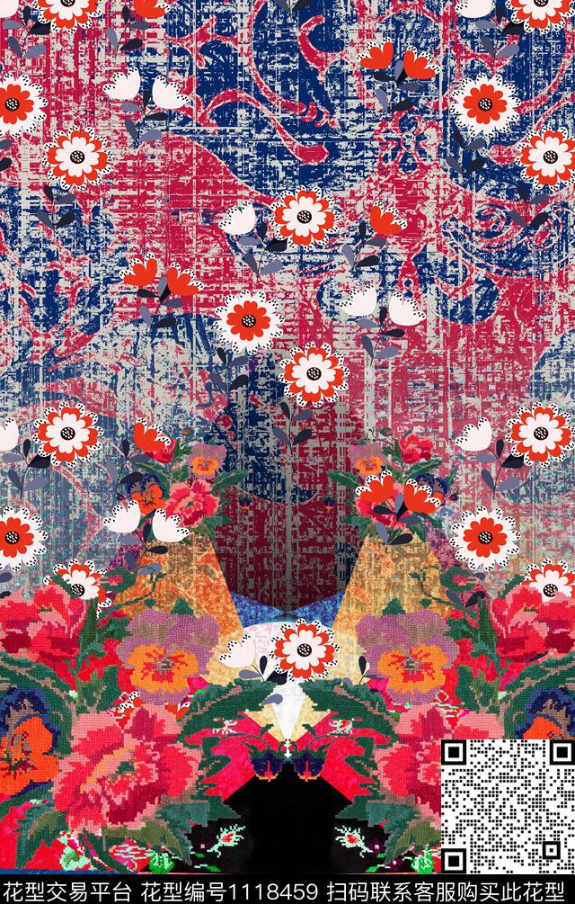 民族风手绘花卉数码印花华亿平台下载（图片编号: 1118459） - 瓦栏（Walan）