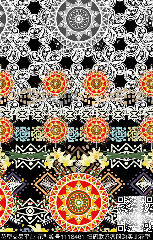 民族风手绘花卉数码印花华亿平台下载（图片编号: 1118461） - 瓦栏（Walan）