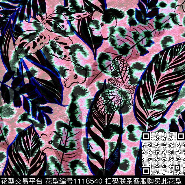 豹纹混合拼接绿植树叶数码印花华亿平台下载（图片编号: 1118540） - 瓦栏（Walan）