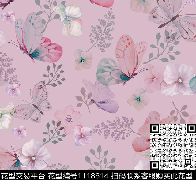 水彩蝴蝶花卉数码印花华亿平台下载（图片编号: 1118614） - 瓦栏（Walan）