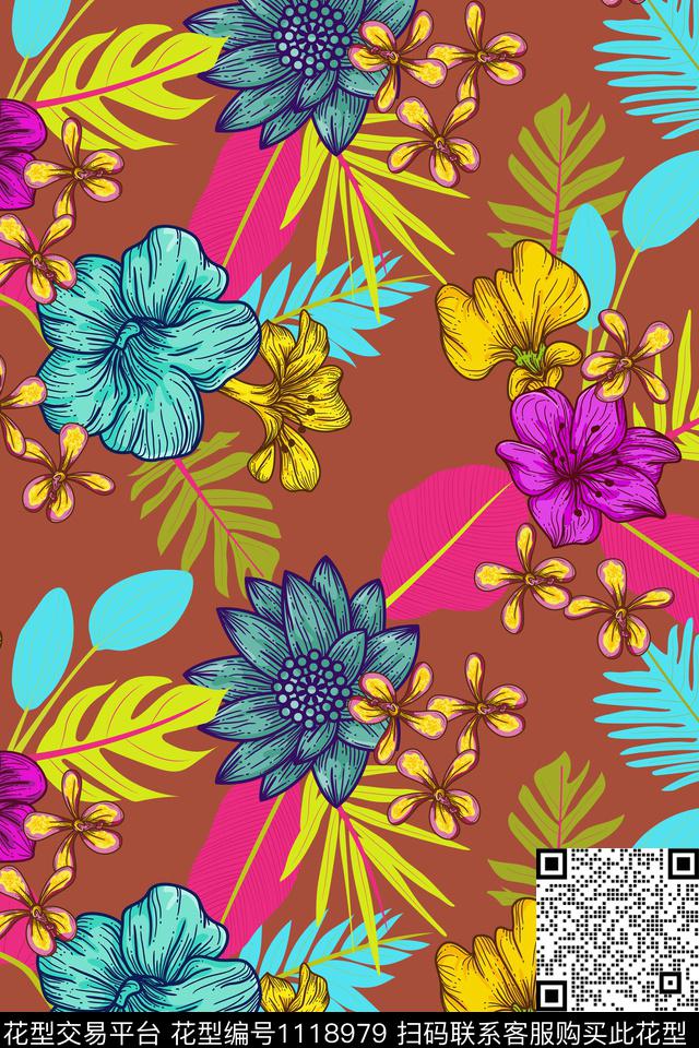 绿植树叶热带华亿平台海滩风传统印花华亿平台下载（图片编号: 1118979） - 瓦栏（Walan）