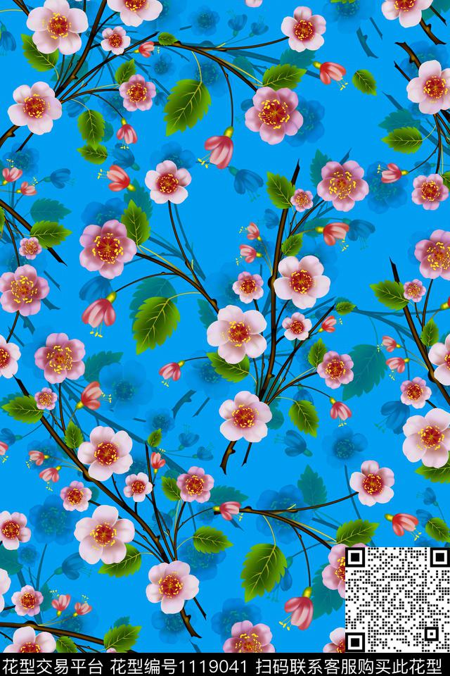 手绘花卉花卉桃花数码印花华亿平台下载（图片编号: 1119041） - 瓦栏（Walan）