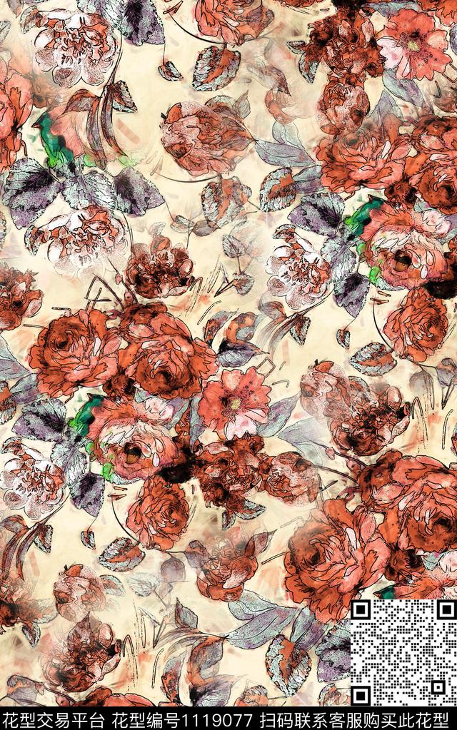 花卉数码华亿平台水彩数码印花华亿平台下载（图片编号: 1119077） - 瓦栏（Walan）