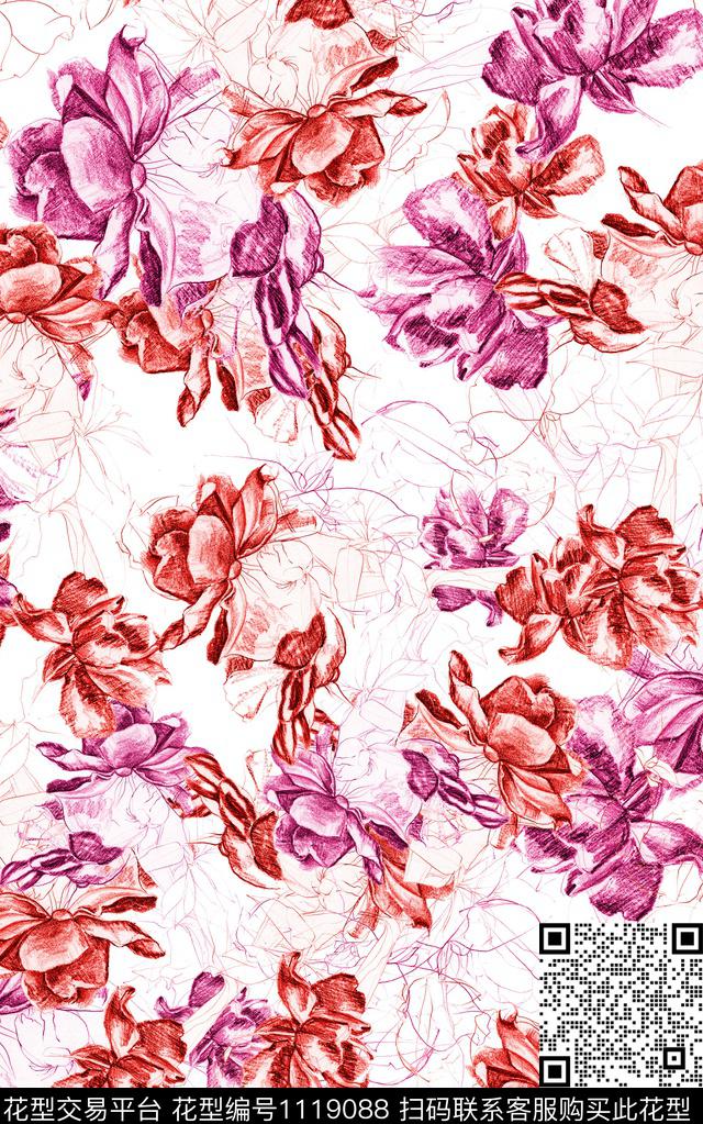 花卉数码华亿平台水彩数码印花华亿平台下载（图片编号: 1119088） - 瓦栏（Walan）