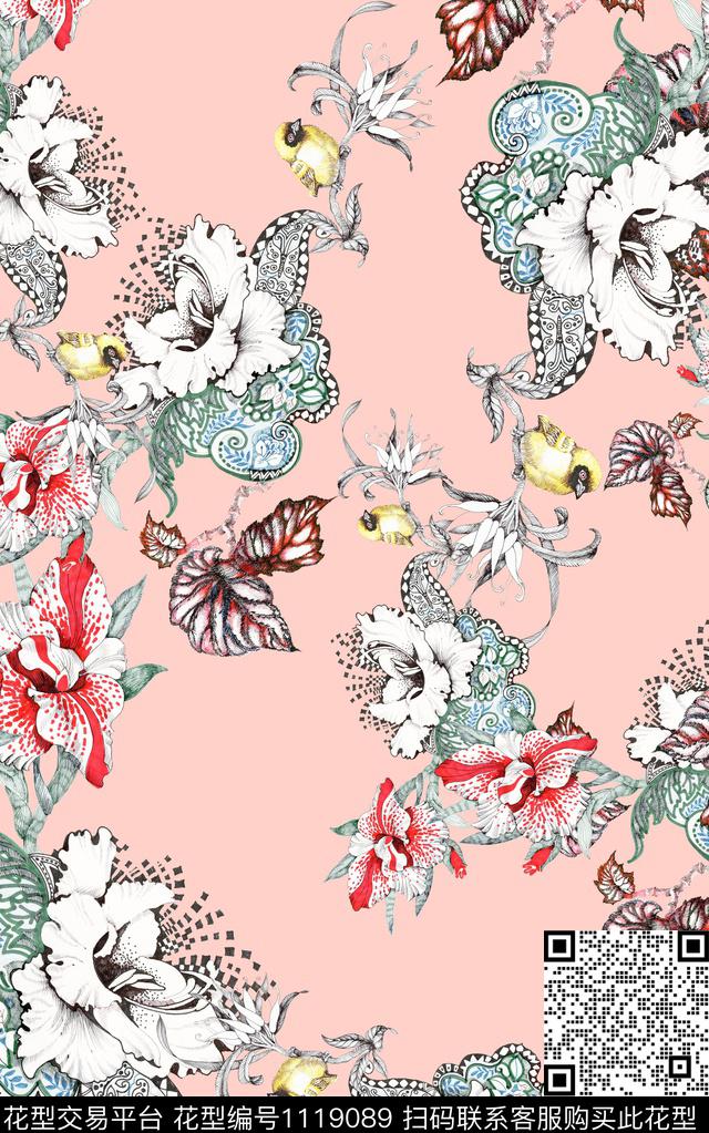 花卉数码华亿平台水彩数码印花华亿平台下载（图片编号: 1119089） - 瓦栏（Walan）