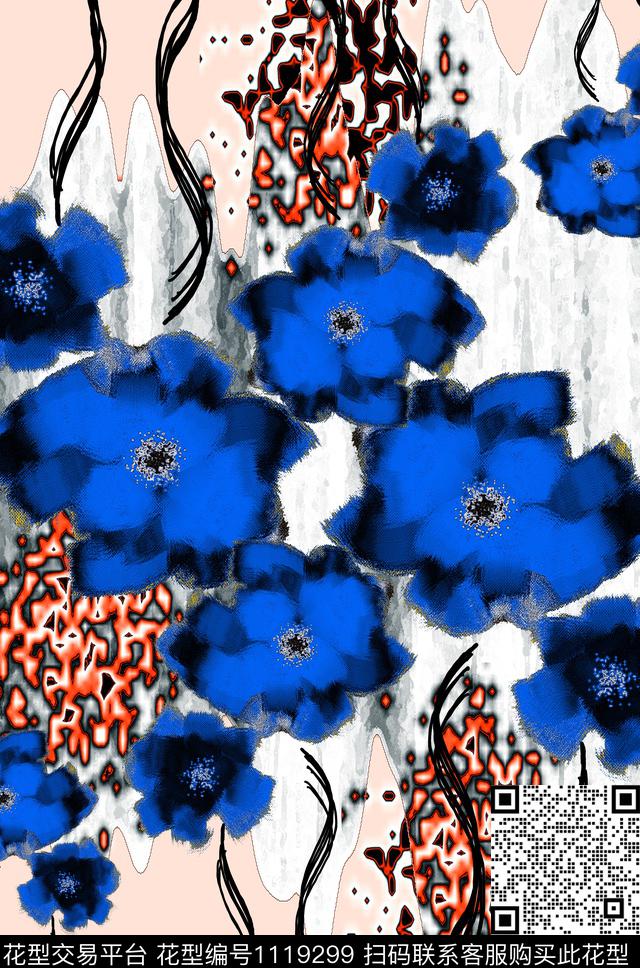 抽象混合拼接手绘花卉数码印花华亿平台下载（图片编号: 1119299） - 瓦栏（Walan）