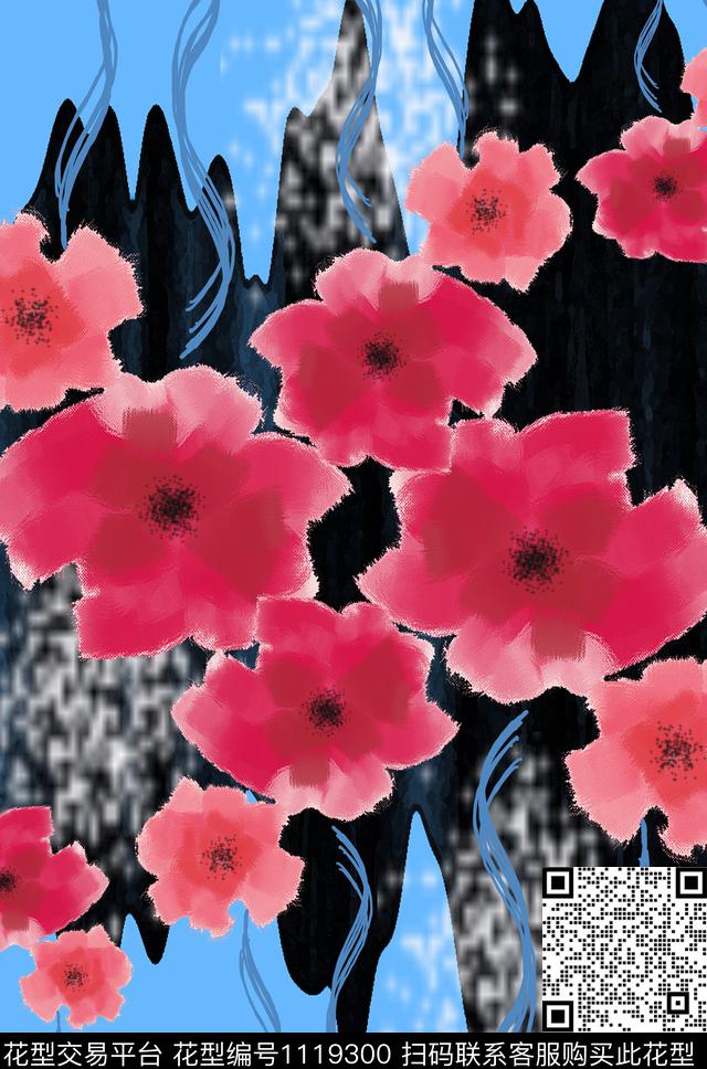 抽象混合拼接手绘花卉数码印花华亿平台下载（图片编号: 1119300） - 瓦栏（Walan）