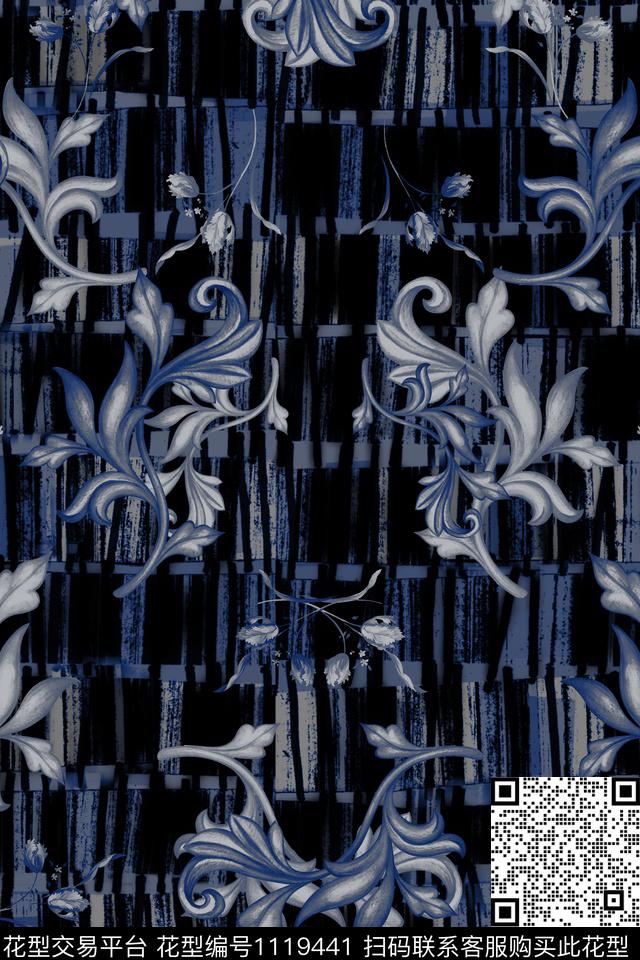 牛仔花卉几何数码印花华亿平台下载（图片编号: 1119441） - 瓦栏（Walan）