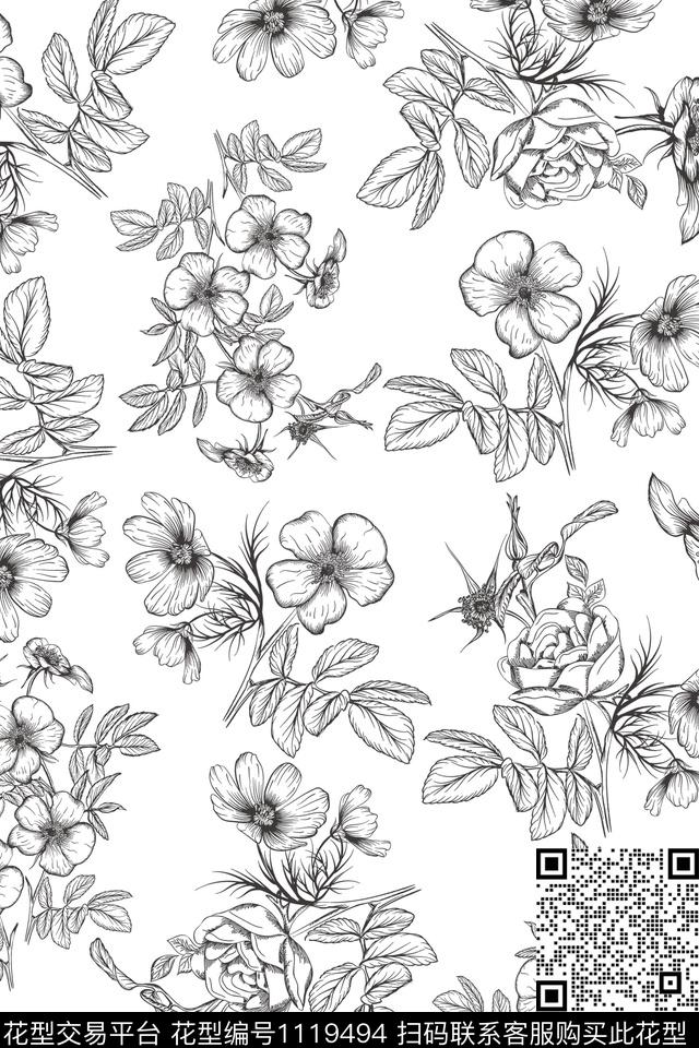 单色线条花卉精致数码印花华亿平台下载（图片编号: 1119494） - 瓦栏（Walan）