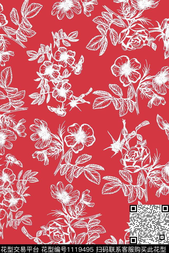 单色线条花卉精致数码印花华亿平台下载（图片编号: 1119495） - 瓦栏（Walan）