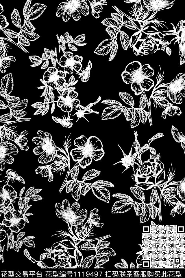 单色线条花卉精致数码印花华亿平台下载（图片编号: 1119497） - 瓦栏（Walan）