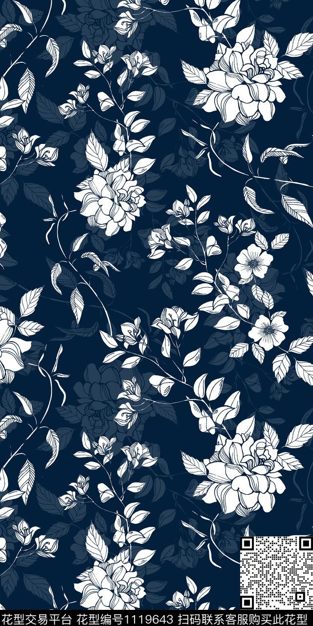 花卉大牌风黑白华亿平台数码印花华亿平台下载（图片编号: 1119643） - 瓦栏（Walan）