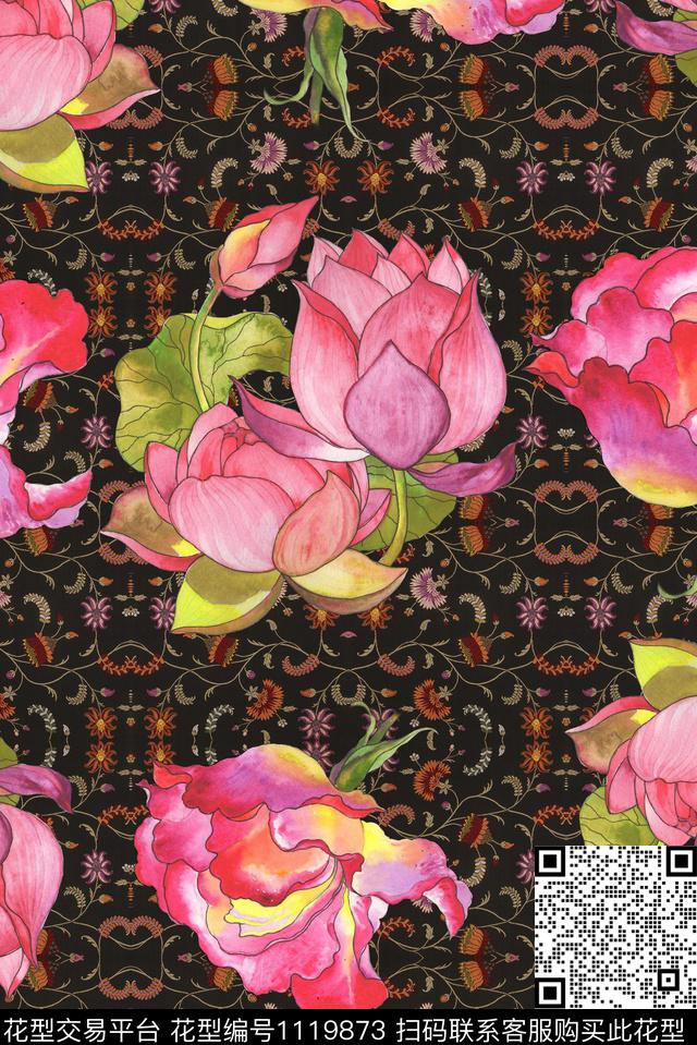 花卉手绘植物数码印花华亿平台下载（图片编号: 1119873） - 瓦栏（Walan）