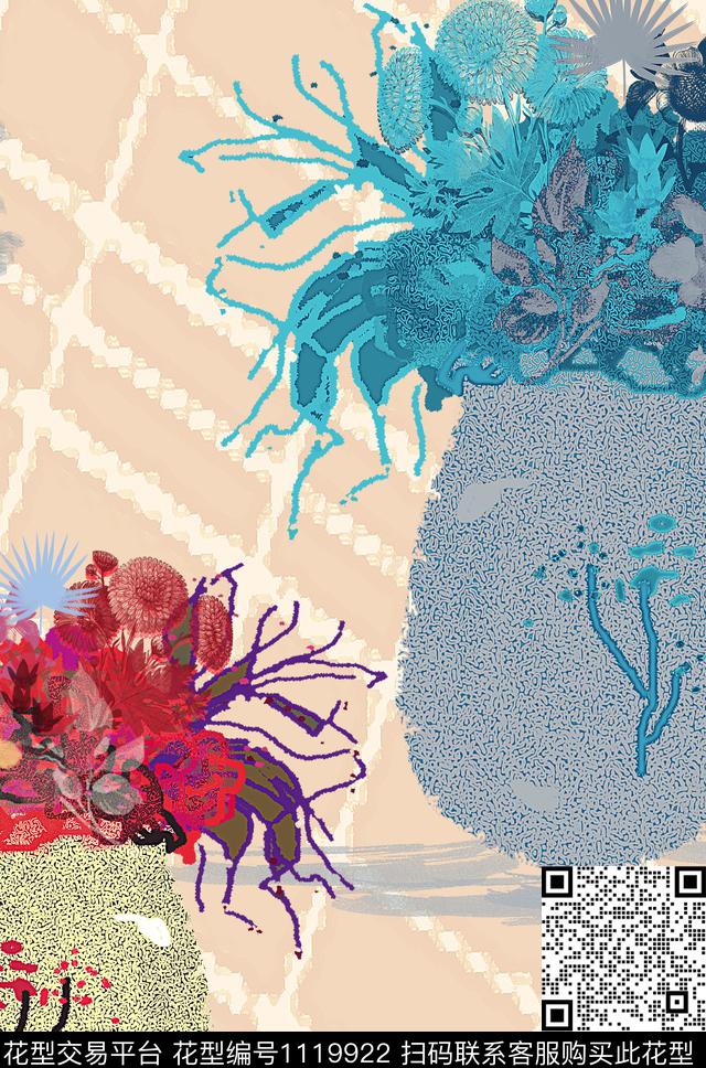 抽象混合拼接手绘花卉数码印花华亿平台下载（图片编号: 1119922） - 瓦栏（Walan）