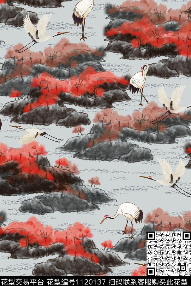 仙鹤数码华亿平台水墨风数码印花华亿平台下载（图片编号: 1120137） - 瓦栏（Walan）