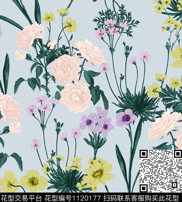 小碎花大牌风清爽底花卉数码印花华亿平台下载（图片编号: 1120177） - 瓦栏（Walan）