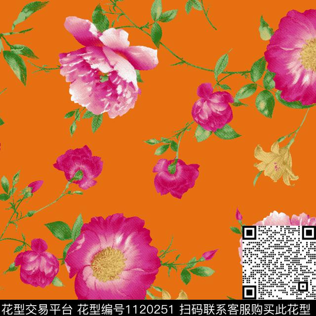 水彩花卉红花秋冬华亿平台传统印花华亿平台下载（图片编号: 1120251） - 瓦栏（Walan）