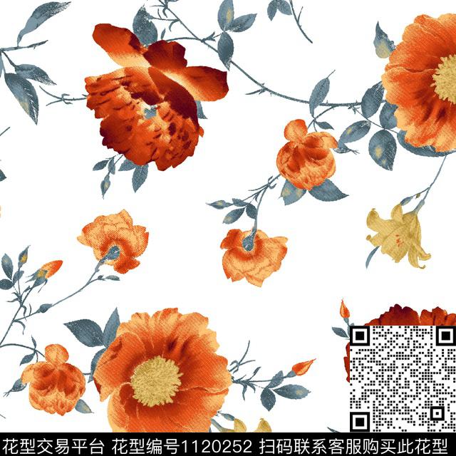 水彩花卉红花秋冬华亿平台传统印花华亿平台下载（图片编号: 1120252） - 瓦栏（Walan）