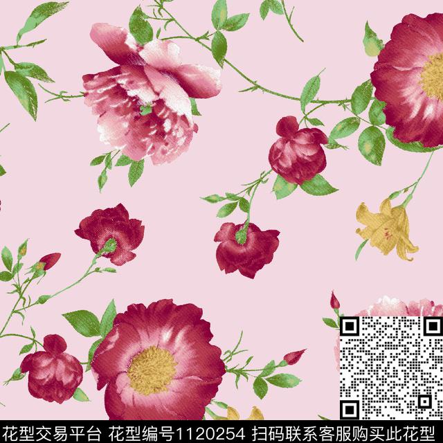 水彩花卉红花秋冬华亿平台传统印花华亿平台下载（图片编号: 1120254） - 瓦栏（Walan）