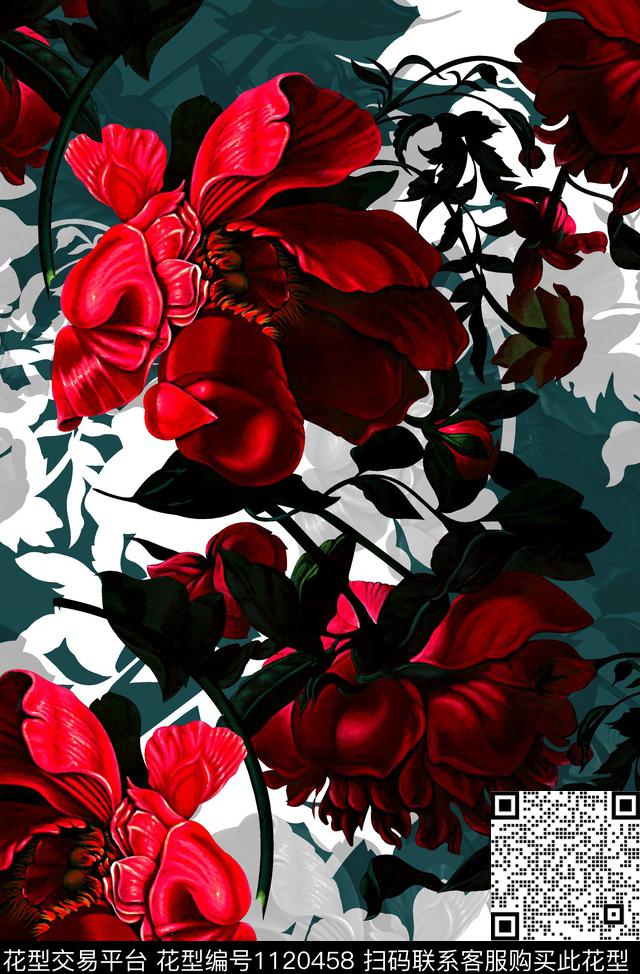 花卉时尚大花数码印花华亿平台下载（图片编号: 1120458） - 瓦栏（Walan）