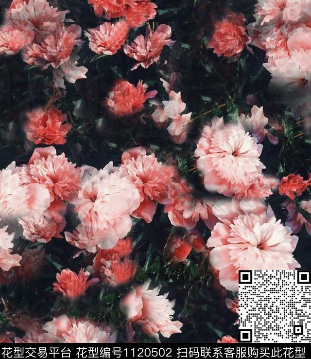 黑底花卉欧洲宫廷风数码印花华亿平台下载（图片编号: 1120502） - 瓦栏（Walan）