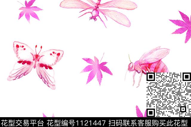 蜻蜓水彩绿植树叶数码印花华亿平台下载（图片编号: 1121447） - 瓦栏（Walan）